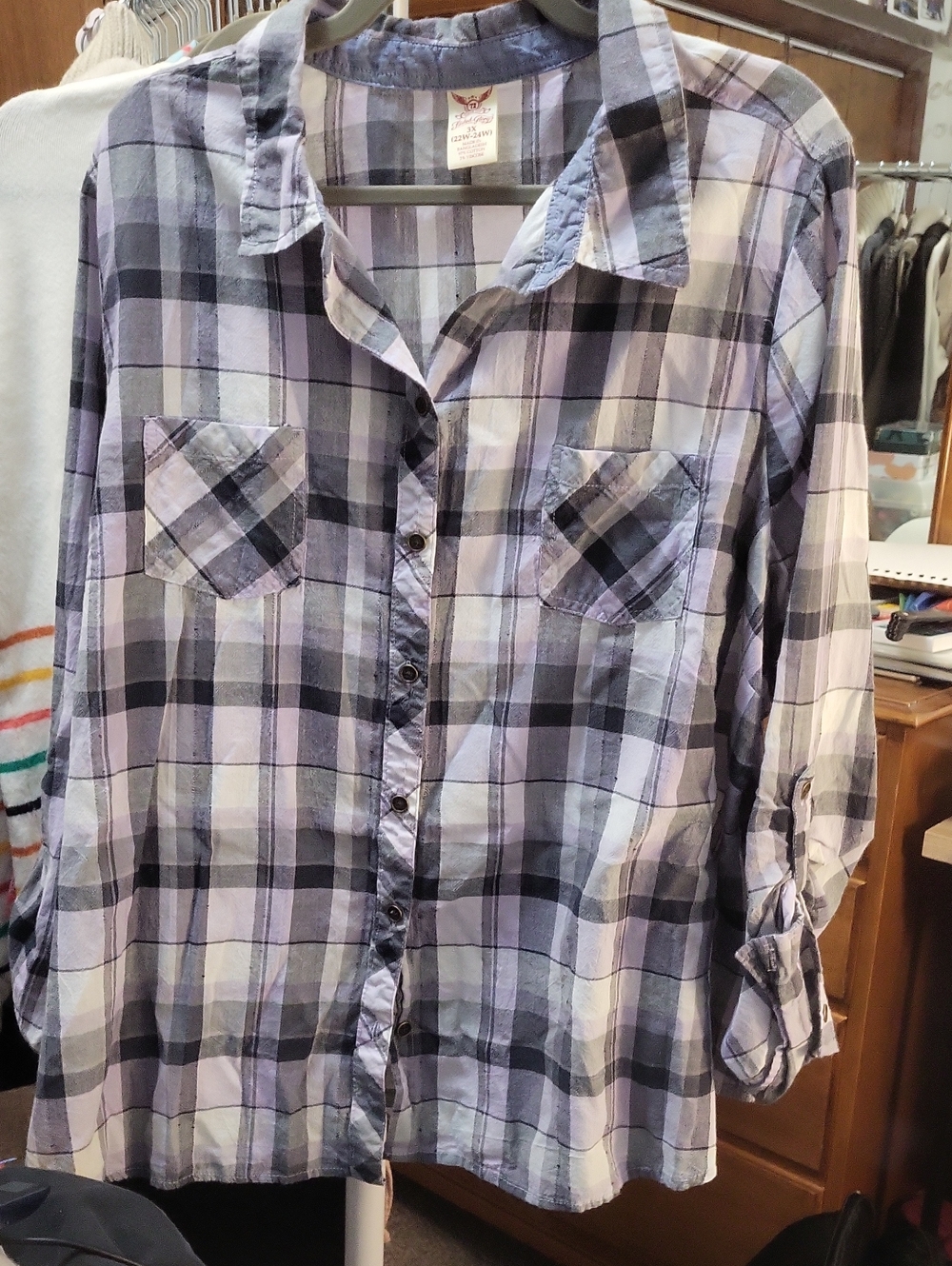 Faded Glory Lavender and Gray Plaid Button-Front Shirt